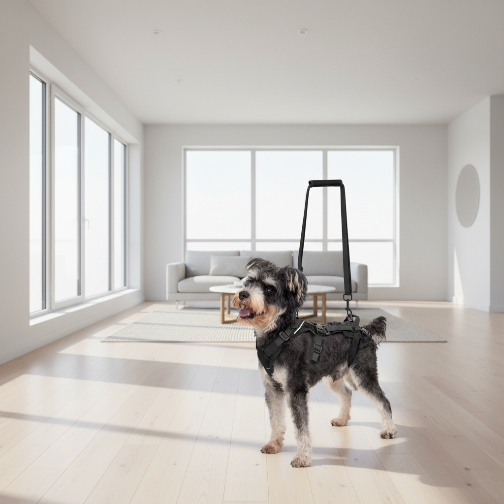 Dog wearing a black harness and leash on a white background