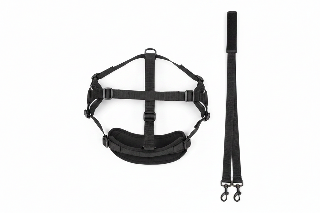 Dog wearing a black harness and leash on a white background