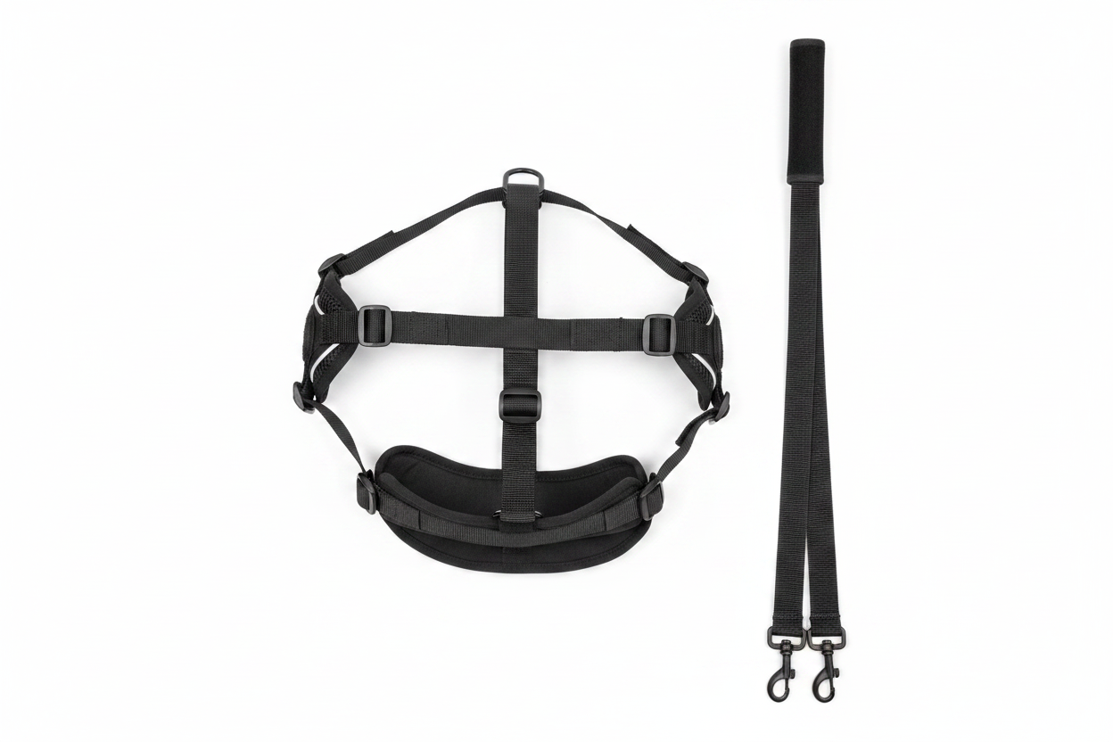 Dog wearing a black harness and leash on a white background