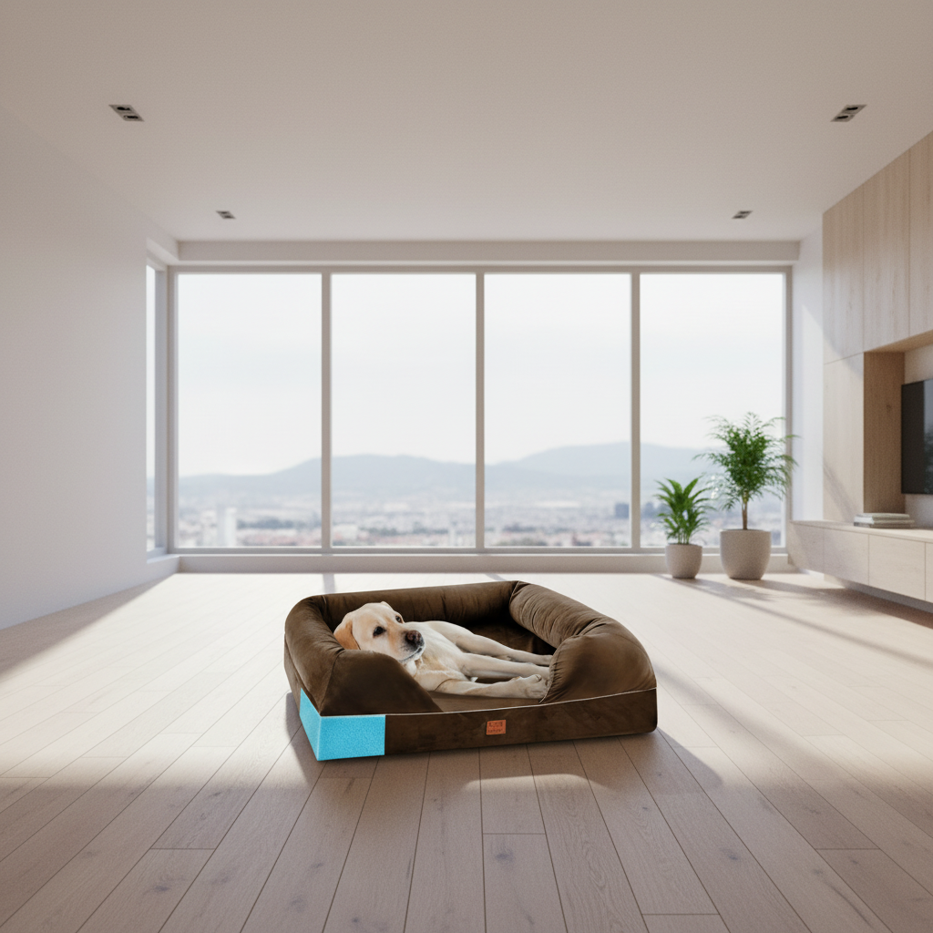 Dog lying on a brown pet bed with blue foam padding