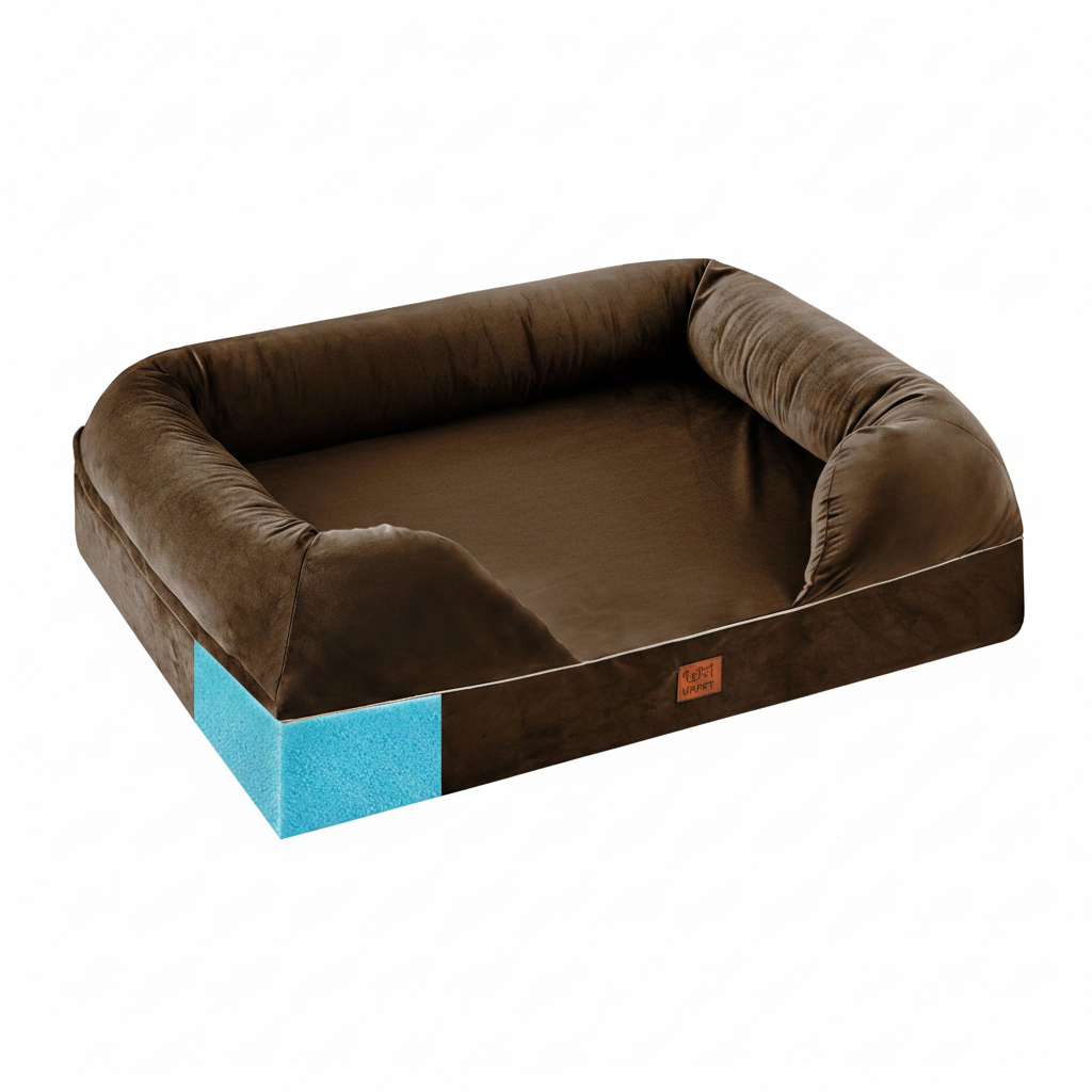 Dog lying on a brown pet bed with blue foam padding