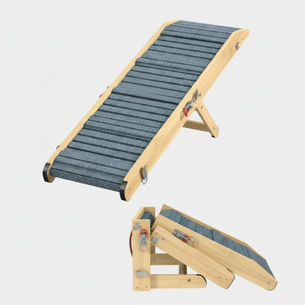 A wooden dog ramp with gray textured steps, shown with a black-and-tan dachshund sitting on it and a smaller inset view of the ramp folded down. The product is photographed on a clean white background.