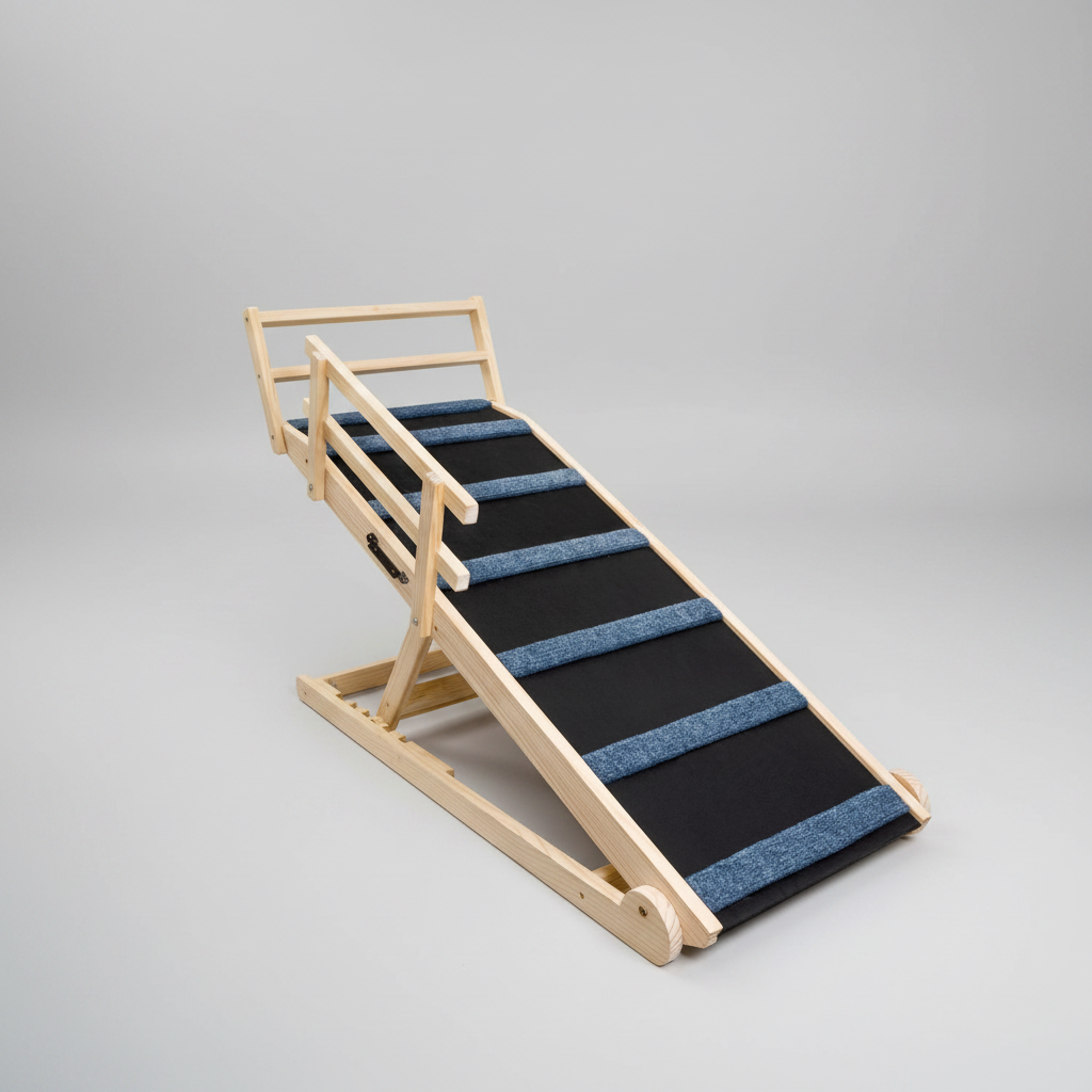 A wooden pet ramp with black and blue carpeted steps is positioned next to a bed in a bedroom, with a beagle dog sitting on the mattress looking at the ramp.